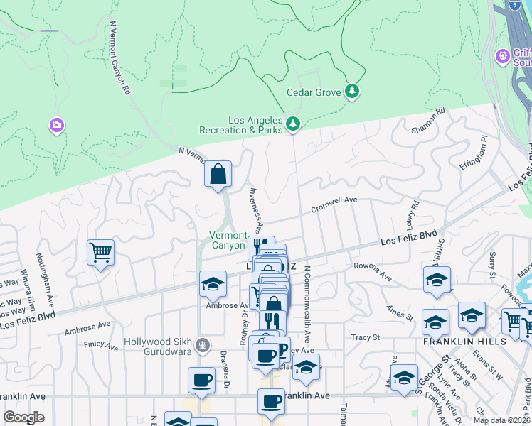 map of restaurants, bars, coffee shops, grocery stores, and more near 2400 Inverness Avenue in Los Angeles