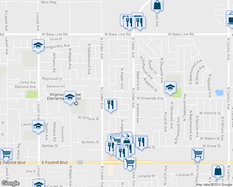 map of restaurants, bars, coffee shops, grocery stores, and more near 1413 West Wedgewood Street in Rialto