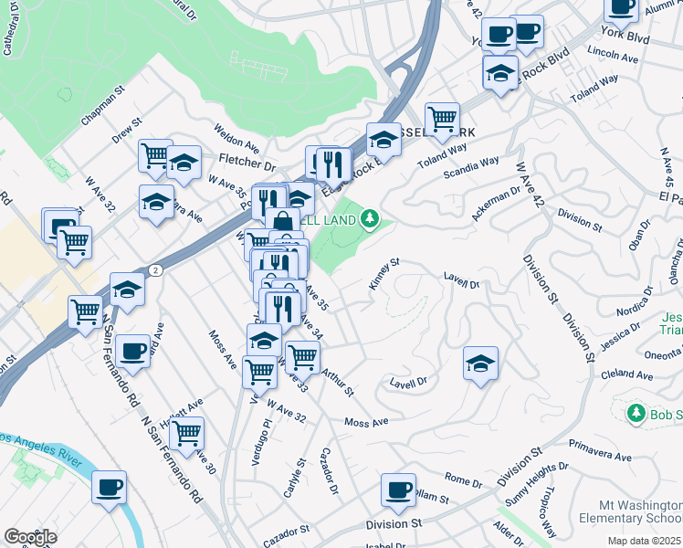 map of restaurants, bars, coffee shops, grocery stores, and more near 2645 Crestmoore Place in Los Angeles
