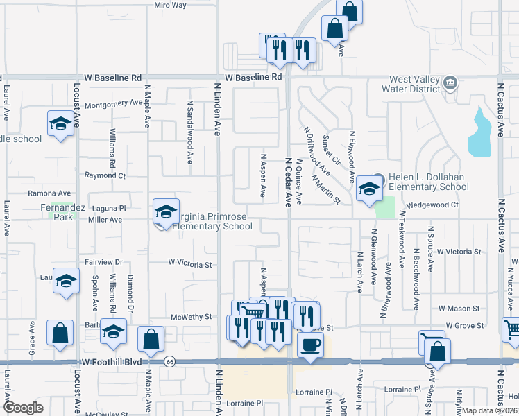 map of restaurants, bars, coffee shops, grocery stores, and more near 1413 West Wedgewood Street in Rialto