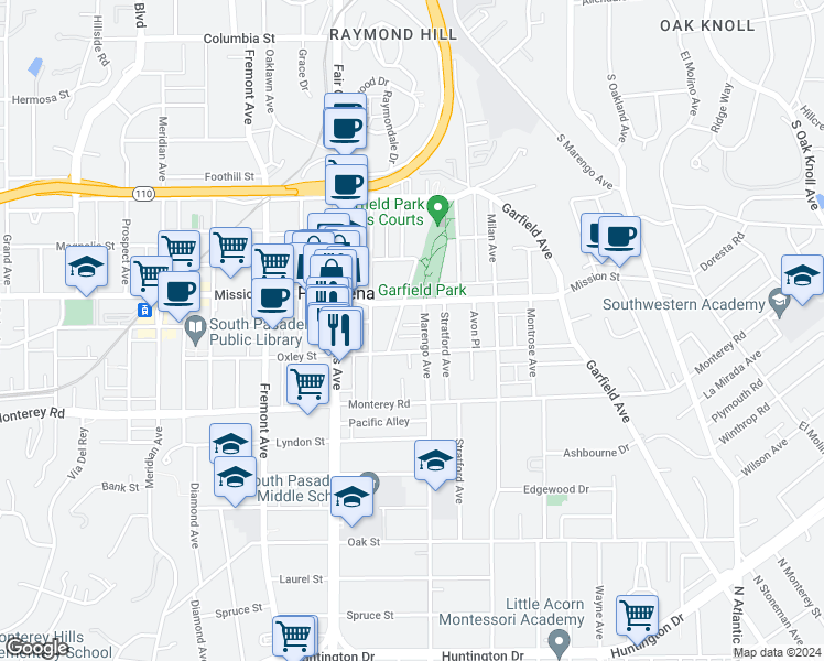 map of restaurants, bars, coffee shops, grocery stores, and more near 1733 Virginia Place in South Pasadena