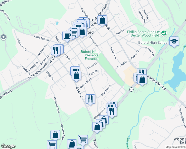 map of restaurants, bars, coffee shops, grocery stores, and more near 50 Espy Street in Buford