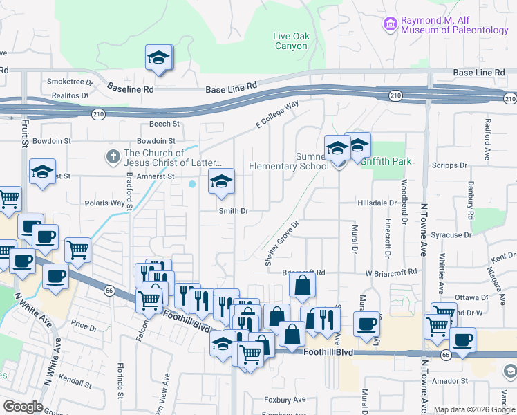 map of restaurants, bars, coffee shops, grocery stores, and more near 4004 Las Casas Avenue in Claremont