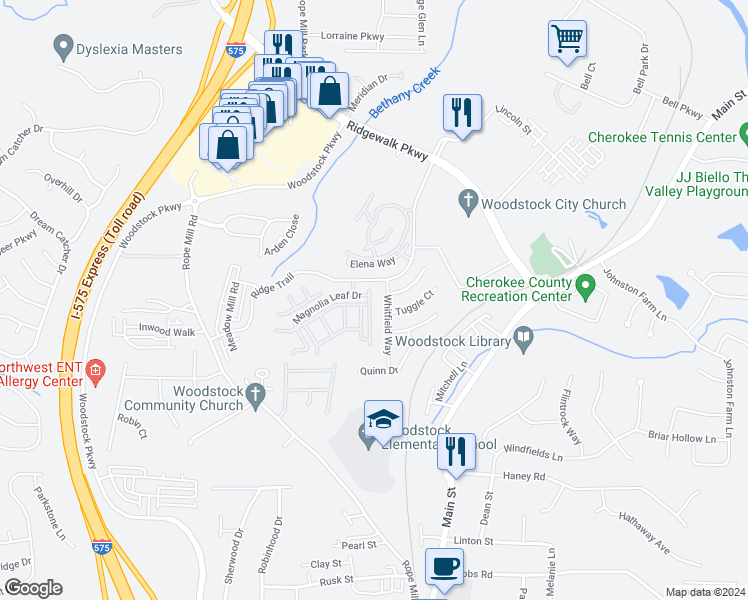 map of restaurants, bars, coffee shops, grocery stores, and more near 315 Antebellum Place in Woodstock