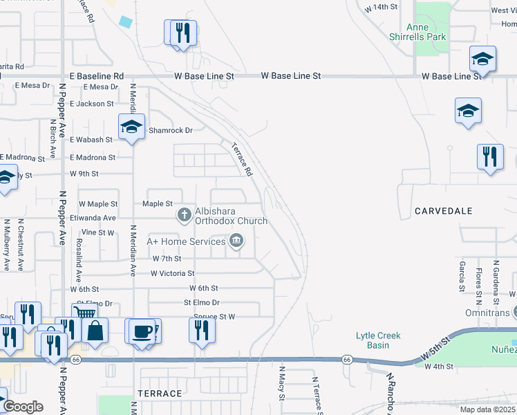 map of restaurants, bars, coffee shops, grocery stores, and more near Terrace Drive in San Bernardino