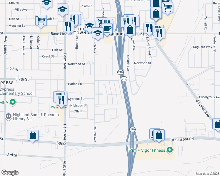 map of restaurants, bars, coffee shops, grocery stores, and more near Unnamed Road in Highland