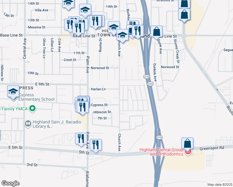 map of restaurants, bars, coffee shops, grocery stores, and more near 27456 Silverberry Drive in Highland