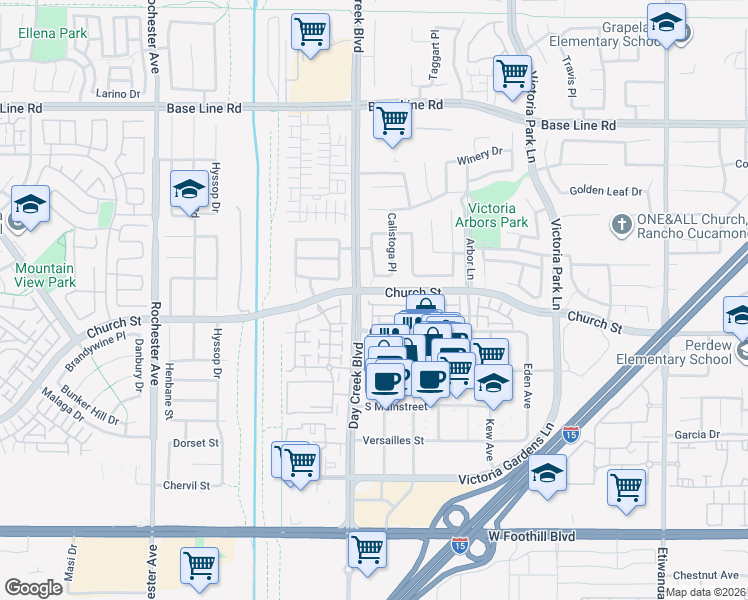 map of restaurants, bars, coffee shops, grocery stores, and more near 12356 Hollyhock Drive in Rancho Cucamonga