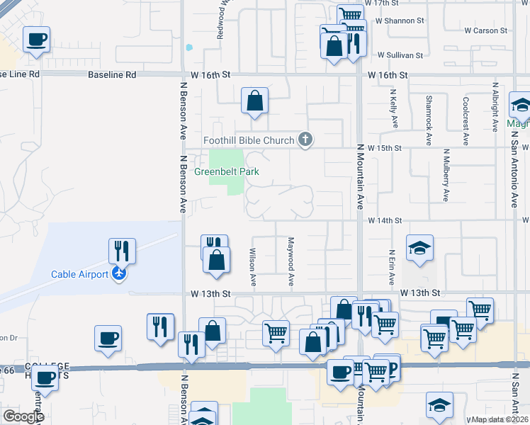 map of restaurants, bars, coffee shops, grocery stores, and more near 1404 North Lemonwood Drive in Upland
