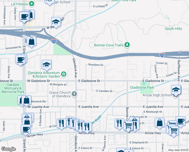 map of restaurants, bars, coffee shops, grocery stores, and more near 201 Essex Street in Glendora