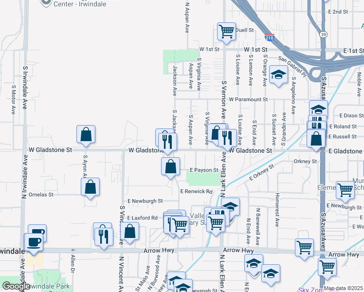 map of restaurants, bars, coffee shops, grocery stores, and more near 905 West Gladstone Street in Azusa