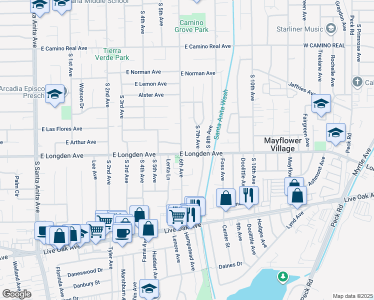 map of restaurants, bars, coffee shops, grocery stores, and more near 603 East Longden Avenue in Arcadia