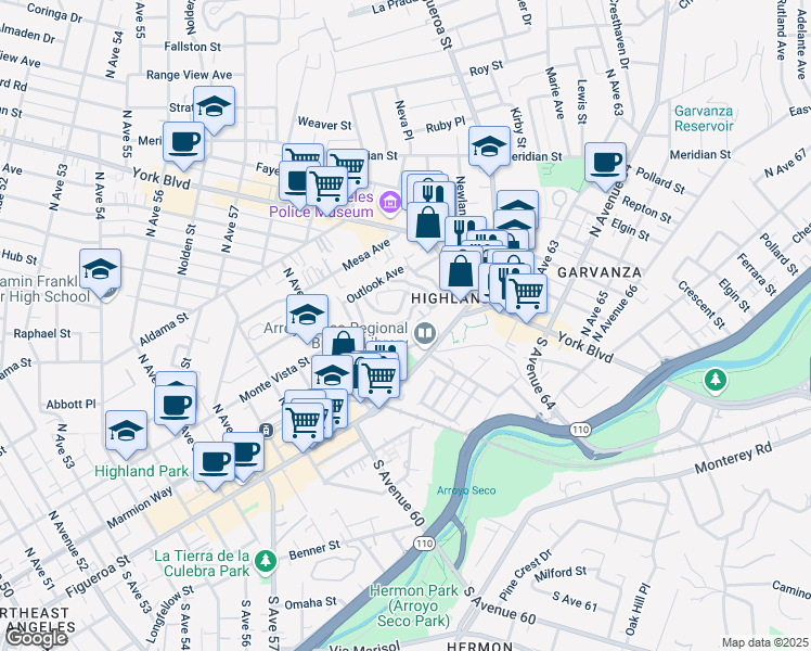 map of restaurants, bars, coffee shops, grocery stores, and more near 6149 Piedmont Avenue in Los Angeles