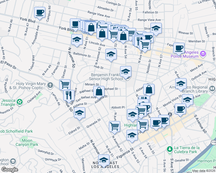 map of restaurants, bars, coffee shops, grocery stores, and more near 5315 Raphael Street in Los Angeles