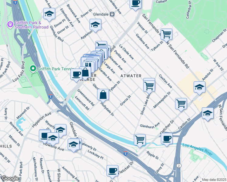 map of restaurants, bars, coffee shops, grocery stores, and more near 3353 Madera Avenue in Los Angeles