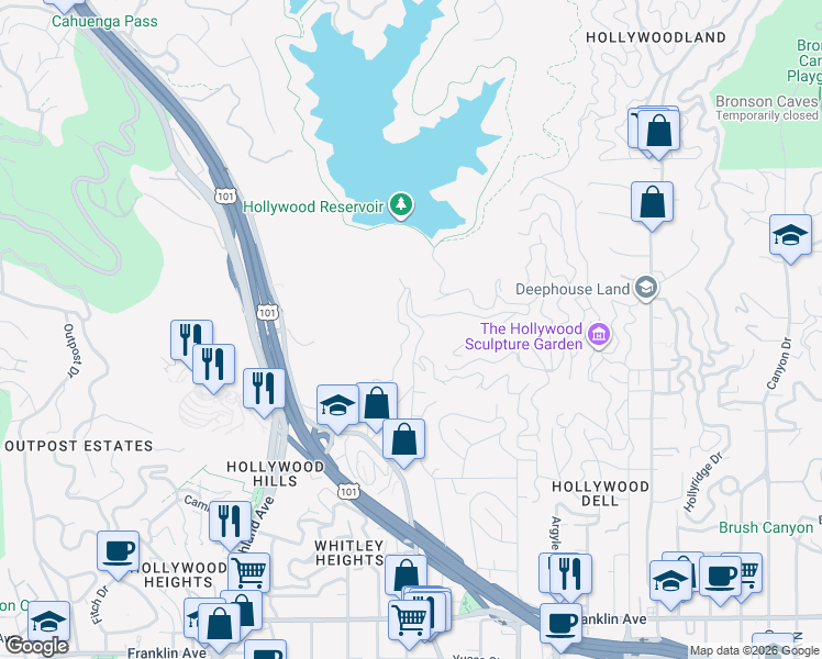 map of restaurants, bars, coffee shops, grocery stores, and more near 2355 Holly Drive in Los Angeles