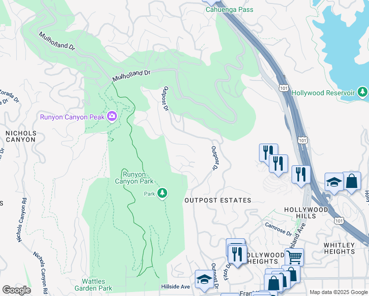 map of restaurants, bars, coffee shops, grocery stores, and more near 2445 Carman Crest Drive in Los Angeles