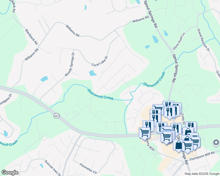 map of restaurants, bars, coffee shops, grocery stores, and more near 2117 Independence Lane in Buford