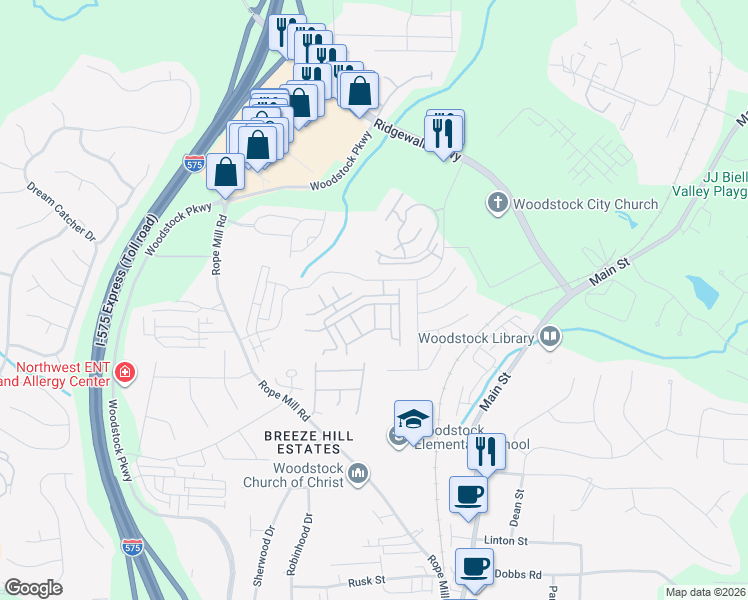map of restaurants, bars, coffee shops, grocery stores, and more near 849 Society Court in Woodstock