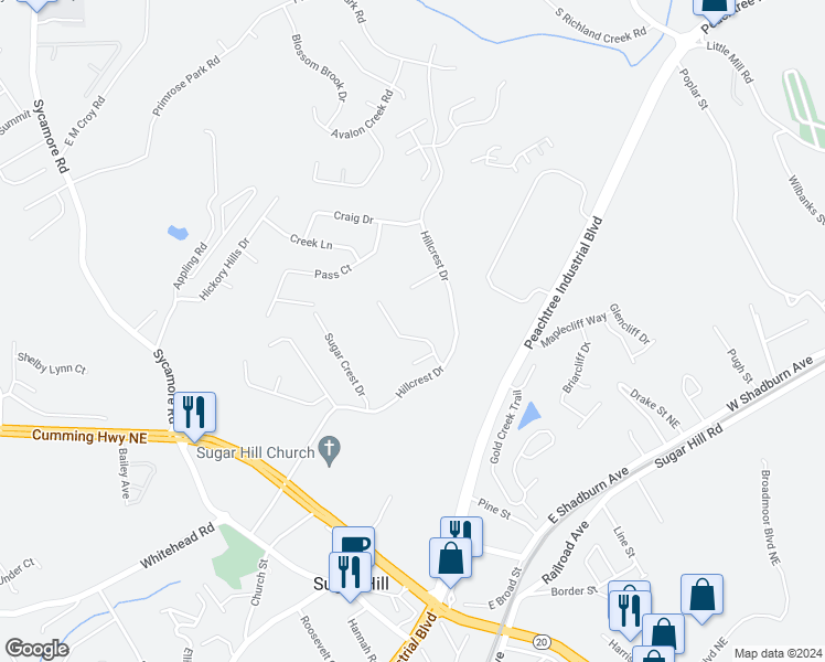 map of restaurants, bars, coffee shops, grocery stores, and more near 5165 Gable Ridge Way in Sugar Hill