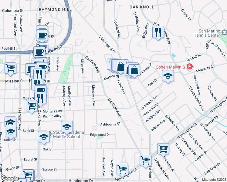 map of restaurants, bars, coffee shops, grocery stores, and more near 1853 McFarlane Street in San Marino