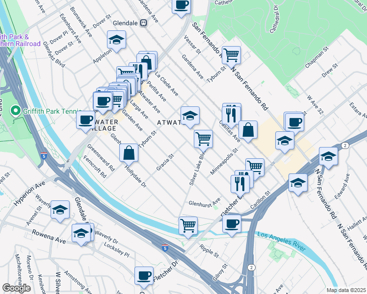 map of restaurants, bars, coffee shops, grocery stores, and more near 3210 Gracia Street in Los Angeles