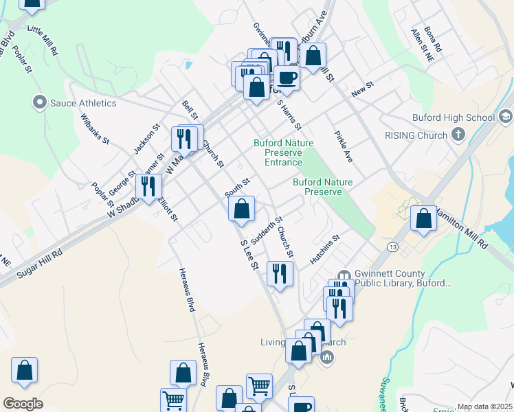 map of restaurants, bars, coffee shops, grocery stores, and more near 445 South Church Street in Buford