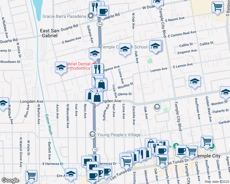 map of restaurants, bars, coffee shops, grocery stores, and more near 6433 Livia Avenue in Temple City