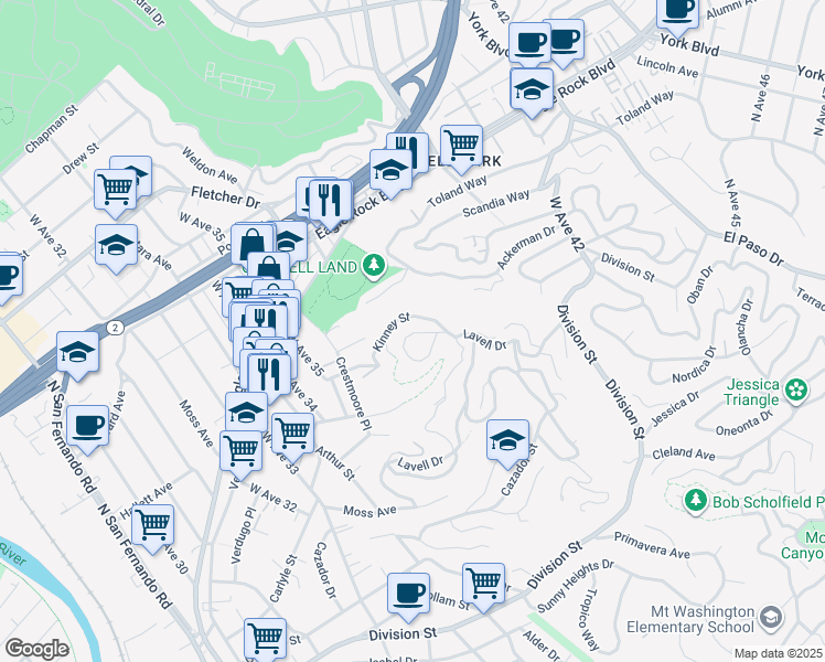 map of restaurants, bars, coffee shops, grocery stores, and more near 3641 Kinney Place in Los Angeles
