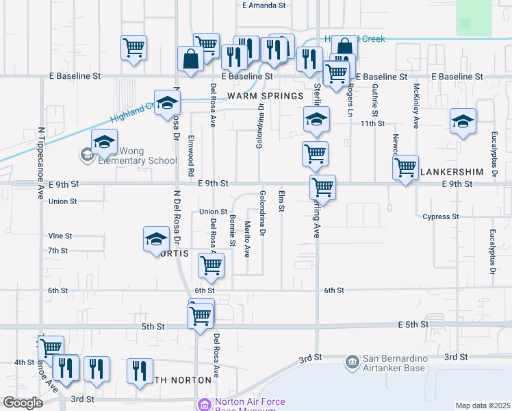map of restaurants, bars, coffee shops, grocery stores, and more near 25522 Union Street in San Bernardino