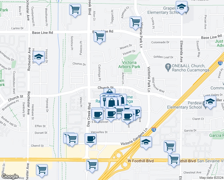 map of restaurants, bars, coffee shops, grocery stores, and more near 12444 Benton Drive in Rancho Cucamonga