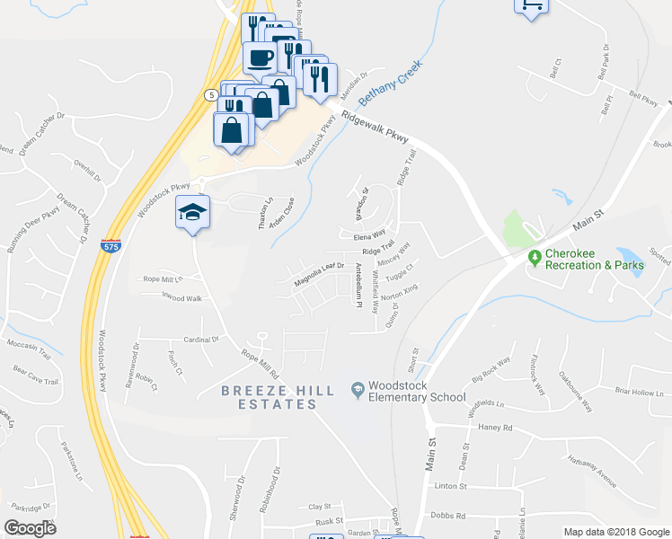 map of restaurants, bars, coffee shops, grocery stores, and more near 849 Society Court in Woodstock