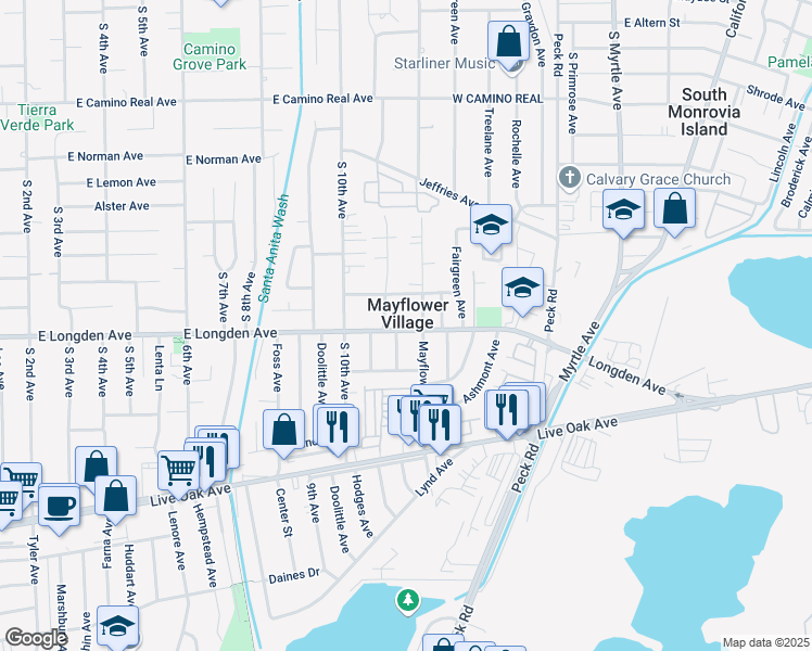 map of restaurants, bars, coffee shops, grocery stores, and more near 2 East Longden Avenue in Arcadia