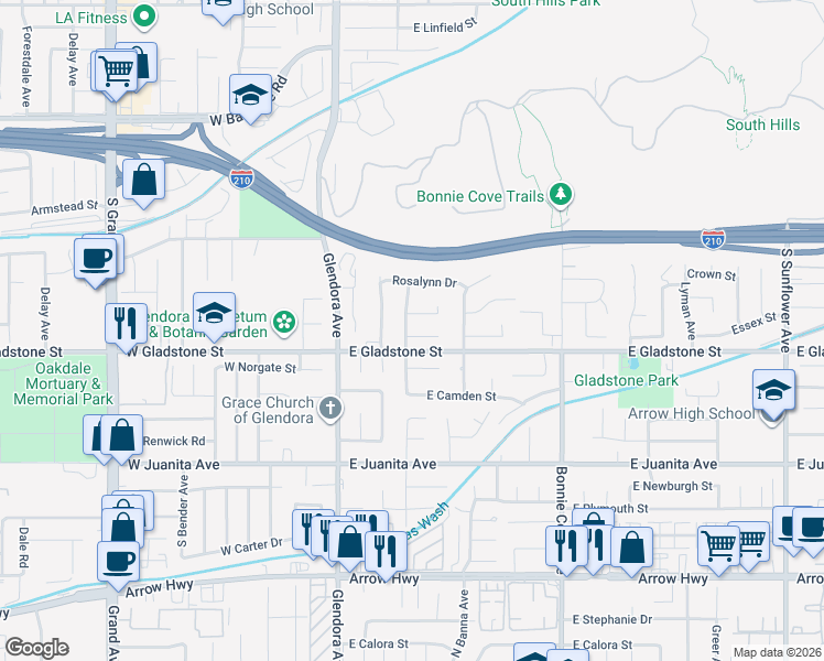 map of restaurants, bars, coffee shops, grocery stores, and more near 201 Essex Street in Glendora