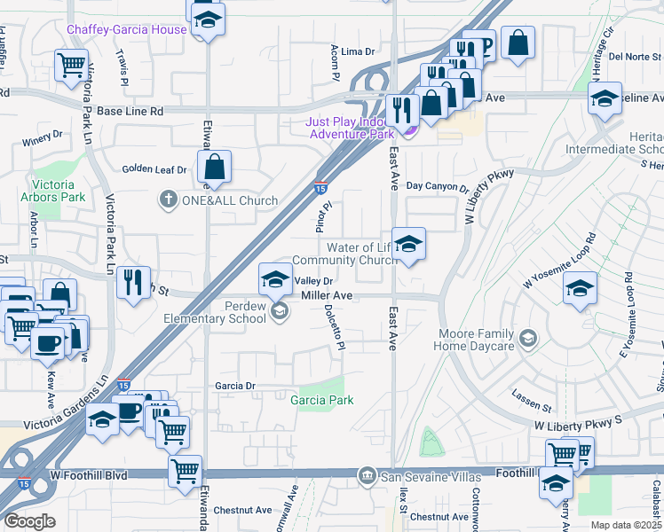 map of restaurants, bars, coffee shops, grocery stores, and more near 7638 Tuscany Place in Rancho Cucamonga