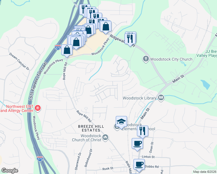 map of restaurants, bars, coffee shops, grocery stores, and more near 843 Society Court in Woodstock