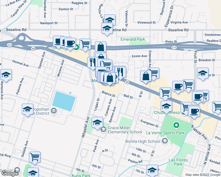 map of restaurants, bars, coffee shops, grocery stores, and more near 1572 Foothill Boulevard in La Verne