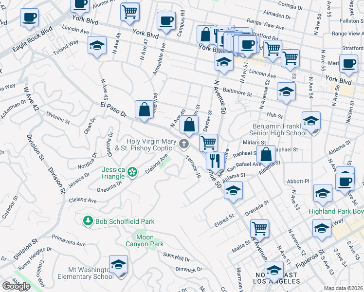 map of restaurants, bars, coffee shops, grocery stores, and more near 4920 Cleland Avenue in Los Angeles