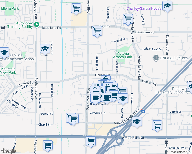 map of restaurants, bars, coffee shops, grocery stores, and more near 12356 Hollyhock Drive in Rancho Cucamonga