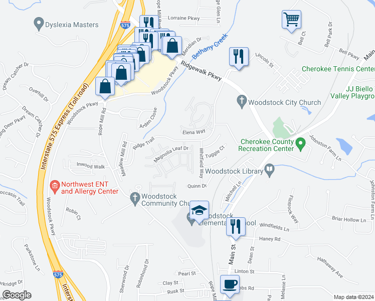 map of restaurants, bars, coffee shops, grocery stores, and more near 865 Society Court in Woodstock