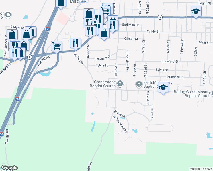 map of restaurants, bars, coffee shops, grocery stores, and more near 112 Leewood Drive in Arkadelphia