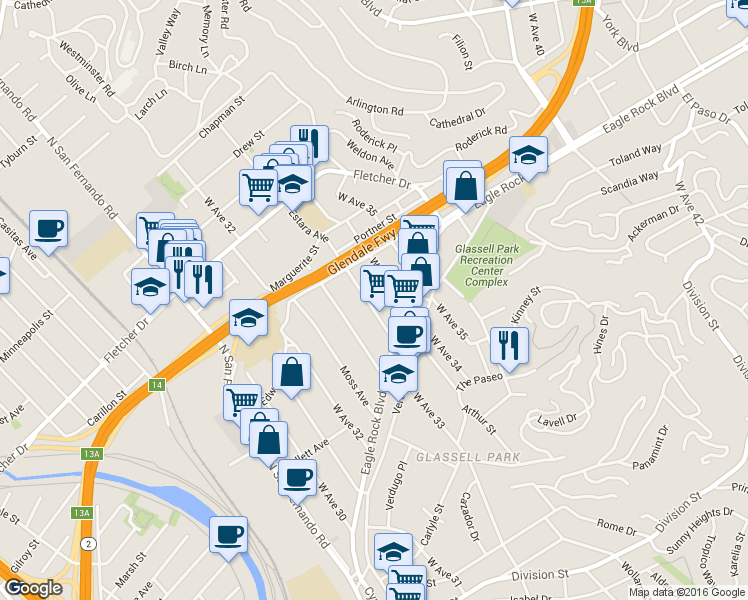 map of restaurants, bars, coffee shops, grocery stores, and more near 2809 Estara Ave in Los Angeles