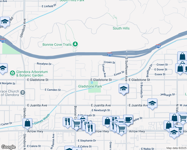 map of restaurants, bars, coffee shops, grocery stores, and more near 629 East Ghent Street in Glendora