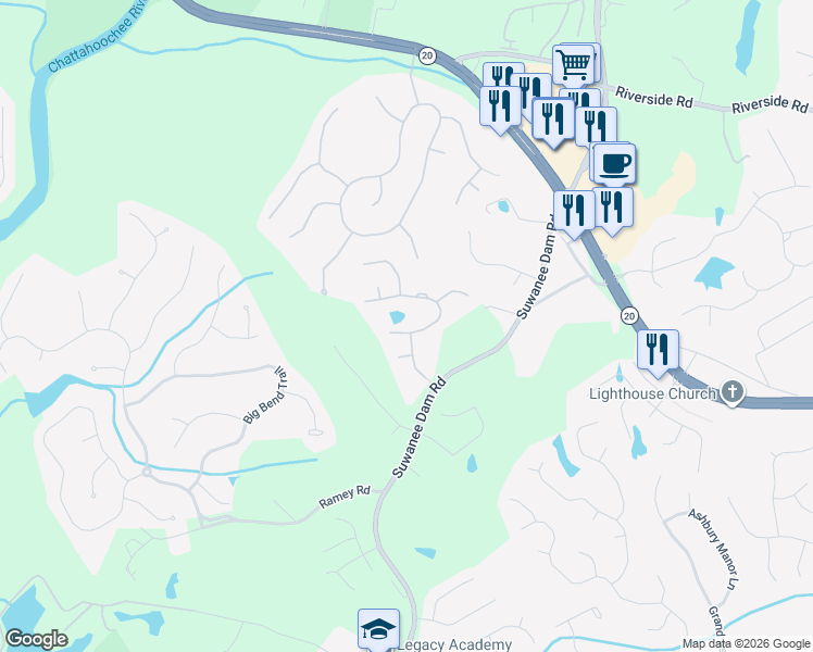 map of restaurants, bars, coffee shops, grocery stores, and more near 226 Ridge Walk Court in Sugar Hill