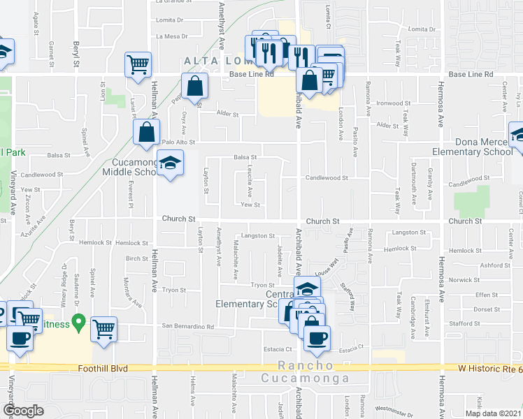 map of restaurants, bars, coffee shops, grocery stores, and more near 9591 Yew Street in Rancho Cucamonga