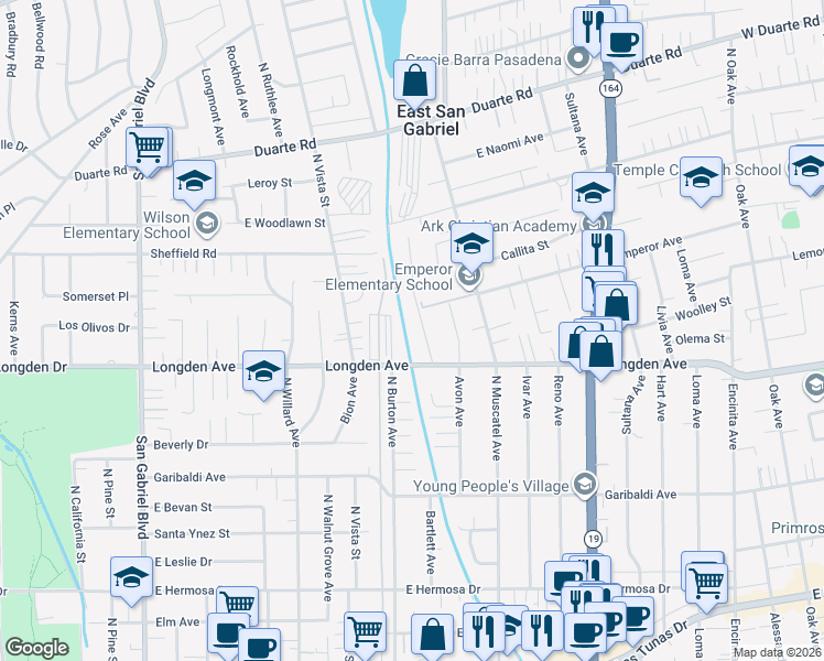 map of restaurants, bars, coffee shops, grocery stores, and more near 6330 Lemon Avenue in San Gabriel