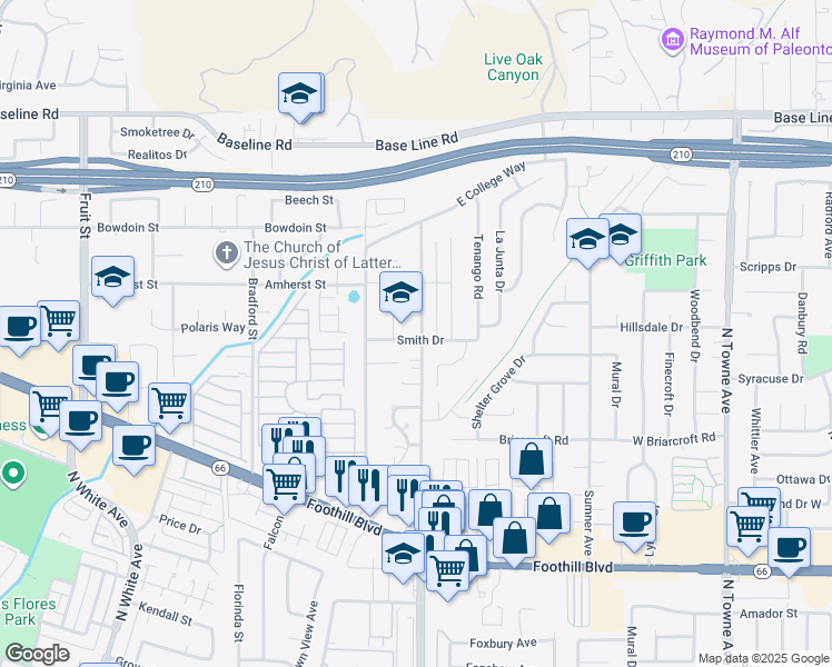 map of restaurants, bars, coffee shops, grocery stores, and more near 4003 North Garey Avenue in Claremont