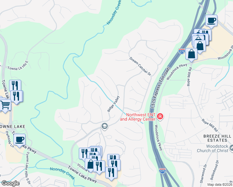 map of restaurants, bars, coffee shops, grocery stores, and more near 8047 Ridge Valley in Woodstock