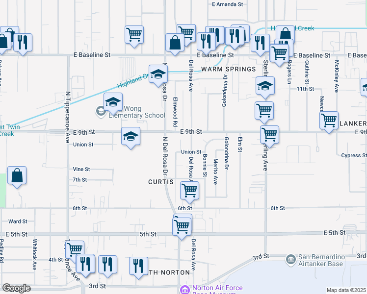 map of restaurants, bars, coffee shops, grocery stores, and more near 7672 Del Rosa Avenue in San Bernardino