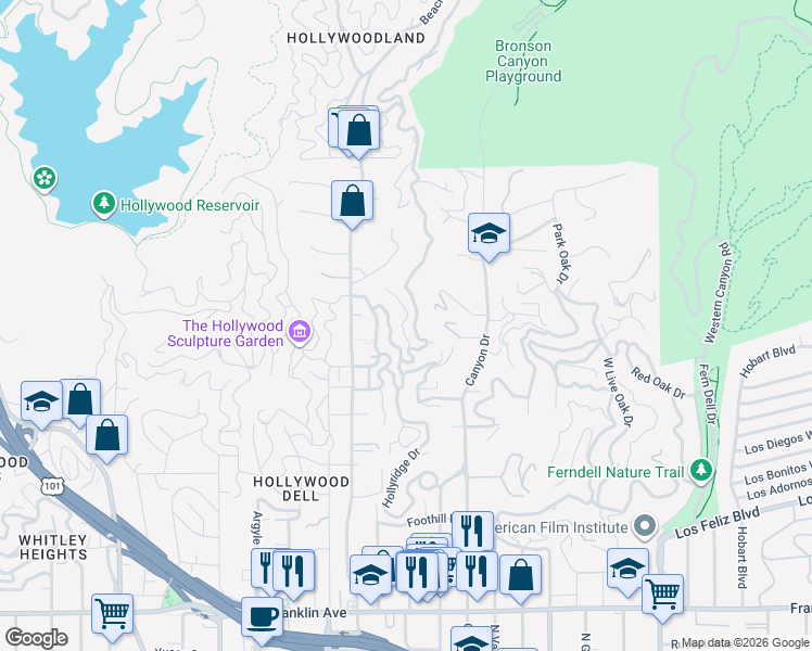 map of restaurants, bars, coffee shops, grocery stores, and more near 2620 Rutherford Drive in Los Angeles
